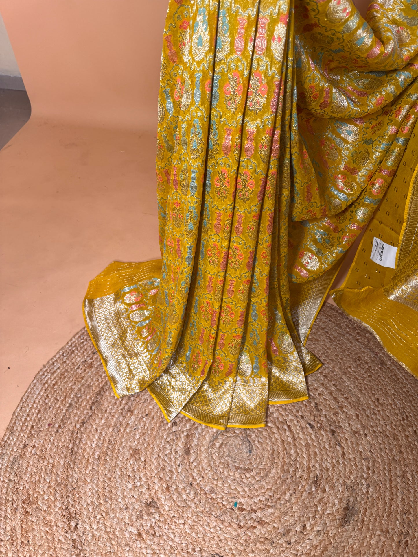 Traditional Banarasi Meenakari Weaved On Georgette Khaddi Saree - Yellow
