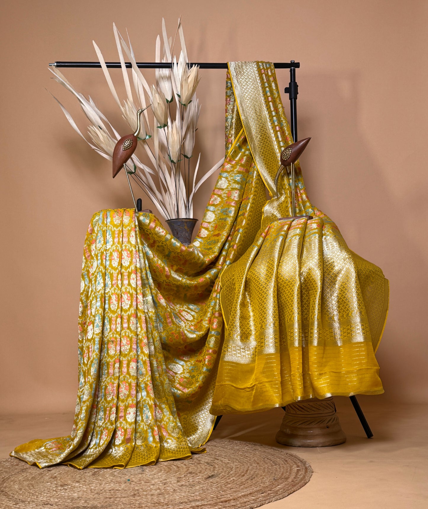 Traditional Banarasi Meenakari Weaved On Georgette Khaddi Saree - Yellow