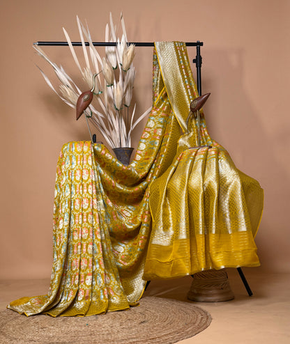 Traditional Banarasi Meenakari Weaved On Georgette Khaddi Saree - Yellow