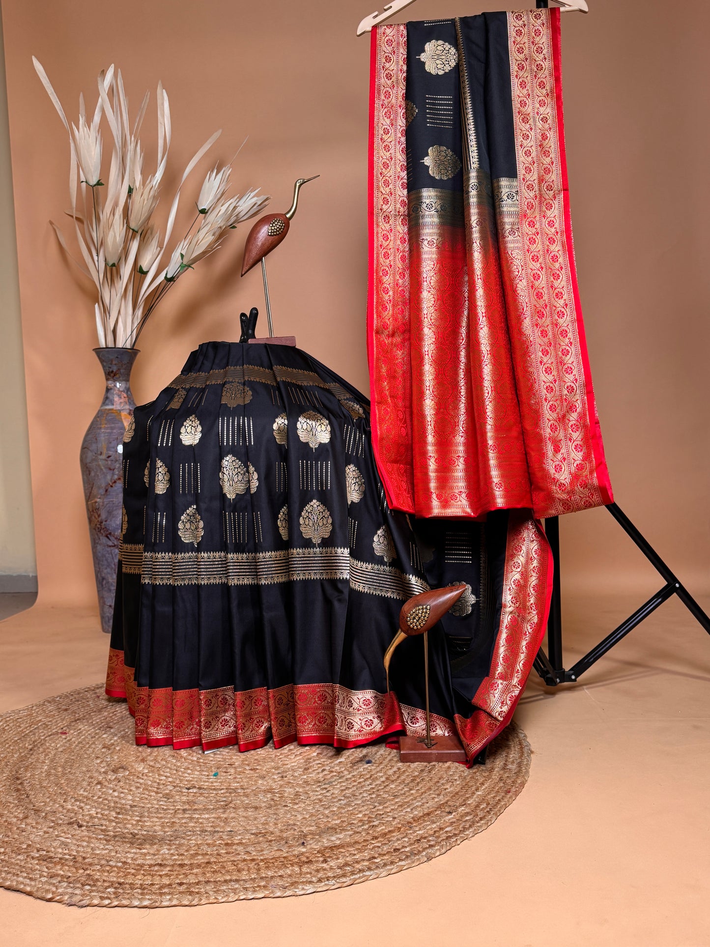 Traditional Banarasi Contrast Boarder With Gold Zari Mid Section Weaving Saree - Black