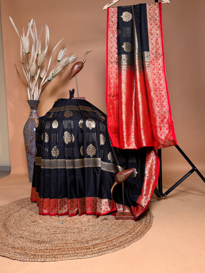 Traditional Banarasi Contrast Boarder With Gold Zari Mid Section Weaving Saree - Black