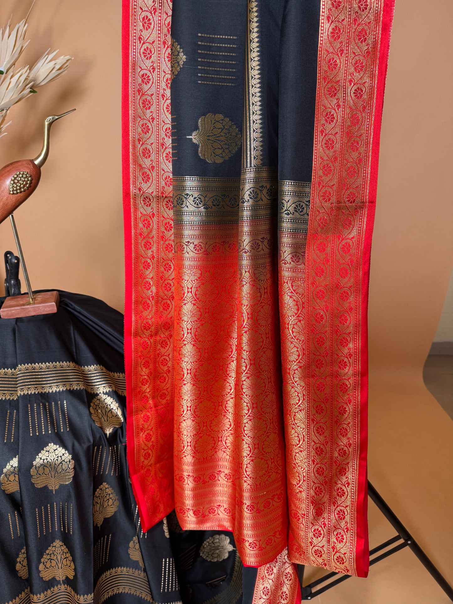 Traditional Banarasi Contrast Boarder With Gold Zari Mid Section Weaving Saree - Black