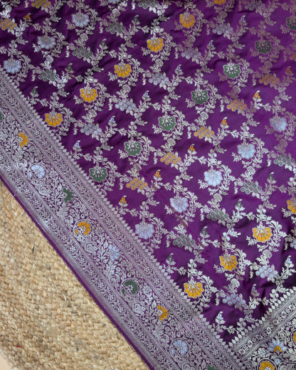 Traditional Banarasi Meenakari Jaal In Satin Silk Fabric Saree - Purple
