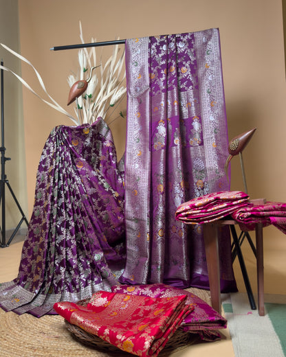 Traditional Banarasi Meenakari Jaal In Satin Silk Fabric Saree - Purple