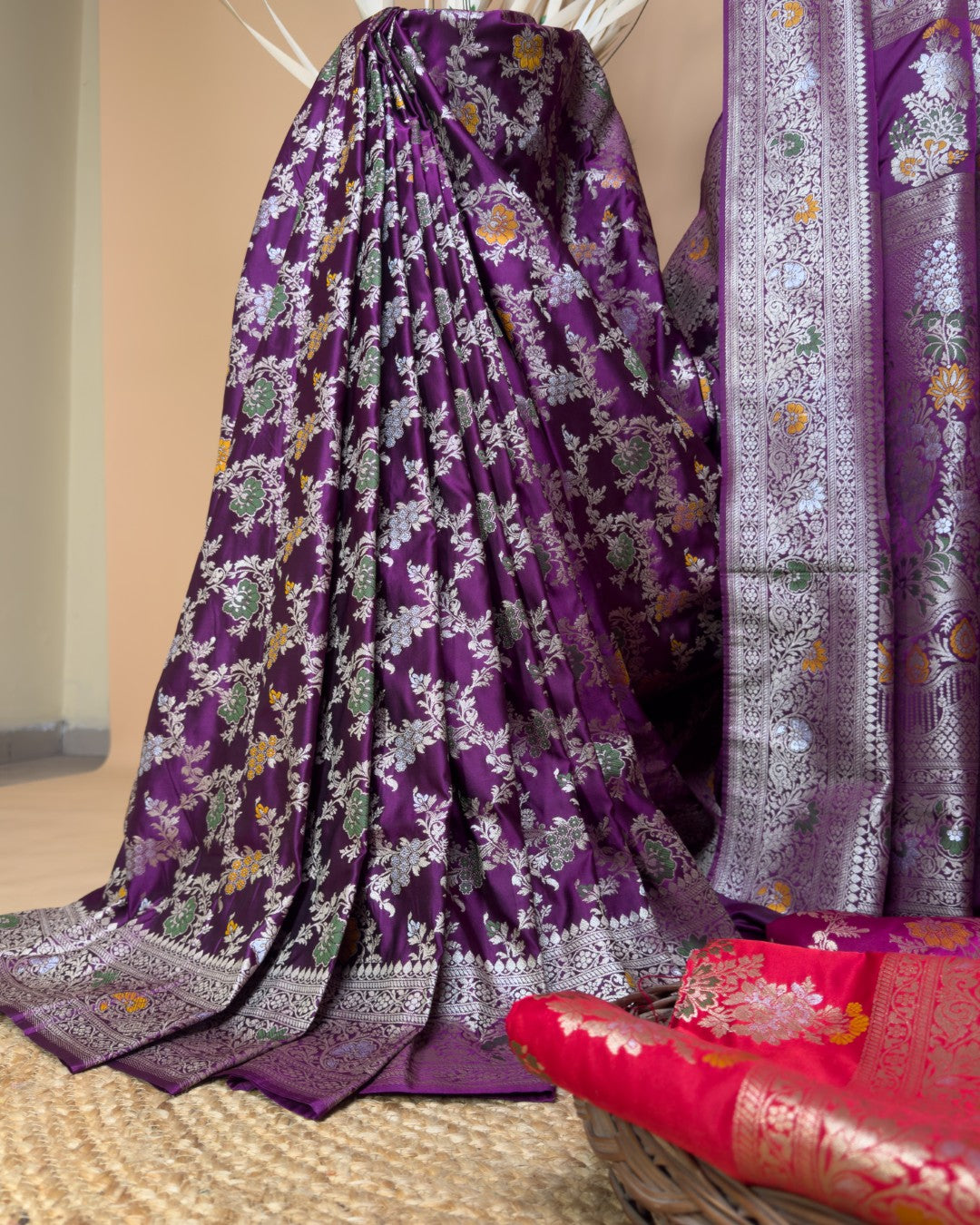 Traditional Banarasi Meenakari Jaal In Satin Silk Fabric Saree - Purple