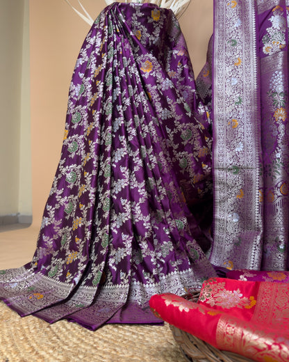 Traditional Banarasi Meenakari Jaal In Satin Silk Fabric Saree - Purple