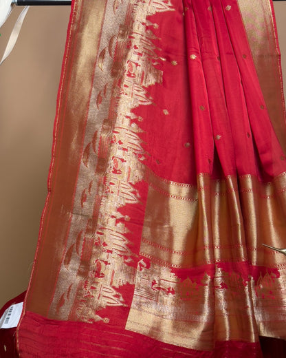 Banaras Ghaat With River And Boat Weaved In Soft Mashru Silk Fabric Saree - Red