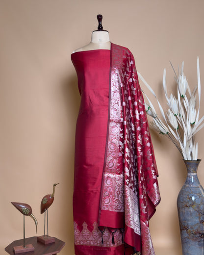 Plain Suit Fabric With Border With Meenakari Jaal Dupatta And Bottom Unstiched Suit Fabric - Red