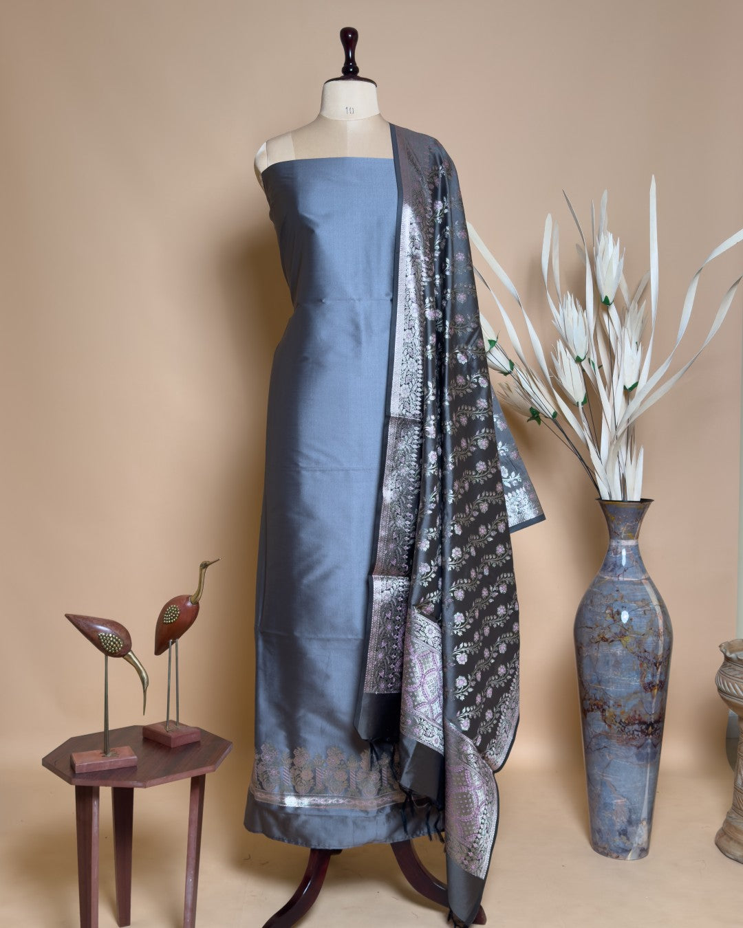 Plain Suit Fabric With Border With Meenakari Jaal Dupatta And Bottom Unstiched Suit Fabric - Grey