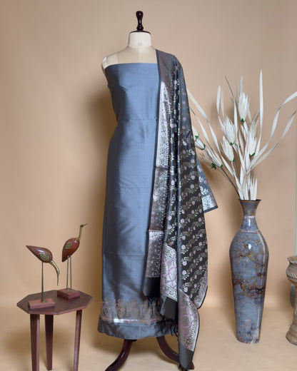 Plain Suit Fabric With Border With Meenakari Jaal Dupatta And Bottom Unstiched Suit Fabric - Grey