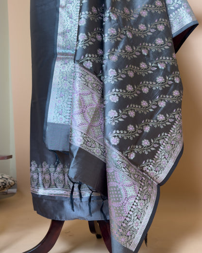 Plain Suit Fabric With Border With Meenakari Jaal Dupatta And Bottom Unstiched Suit Fabric - Grey