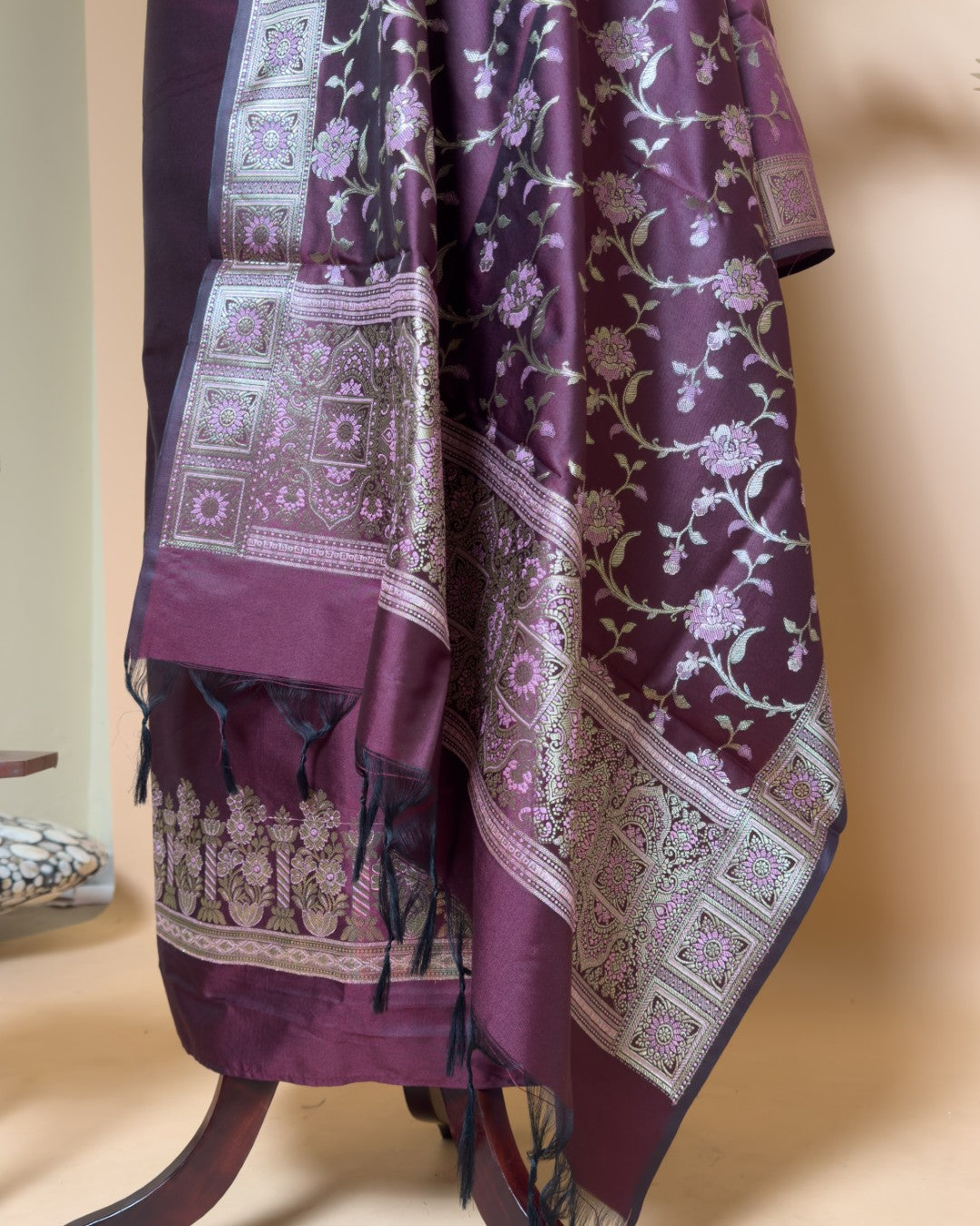 Plain Suit Fabric With Border With Meenakari Jaal Dupatta And Bottom Unstiched Suit Fabric - Wine