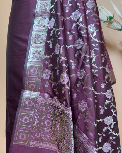 Plain Suit Fabric With Border With Meenakari Jaal Dupatta And Bottom Unstiched Suit Fabric - Wine