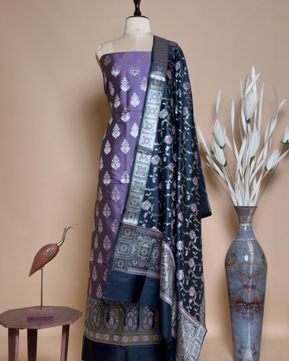 Contrast Daman Border With Meenakari Butti Suit Fabric With Contrast Jaal Dupatta And Border - Purple