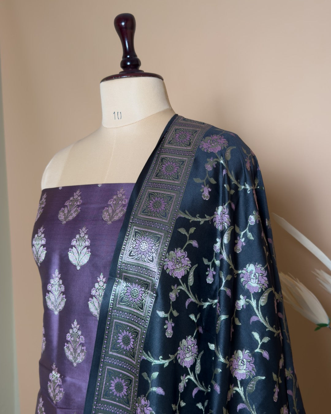 Contrast Daman Border With Meenakari Butti Suit Fabric With Contrast Jaal Dupatta And Border - Purple