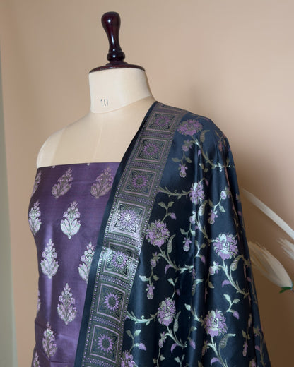 Contrast Daman Border With Meenakari Butti Suit Fabric With Contrast Jaal Dupatta And Border - Purple