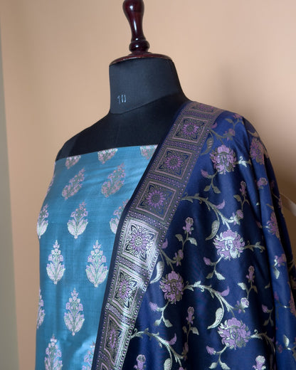 Contrast Daman Border With Meenakari Butti Suit Fabric With Contrast Jaal Dupatta And Border - Grey