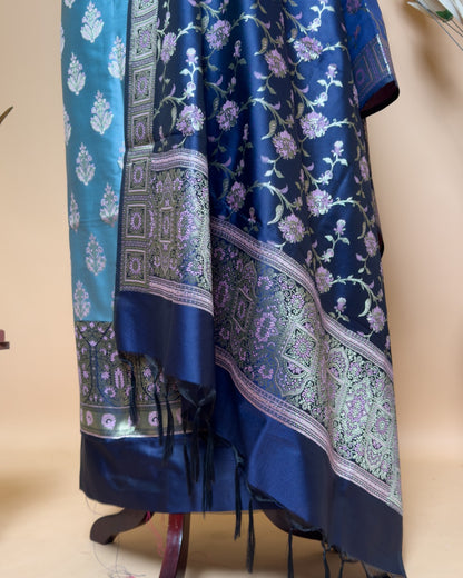 Contrast Daman Border With Meenakari Butti Suit Fabric With Contrast Jaal Dupatta And Border - Grey