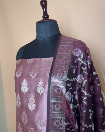 Contrast Daman Border With Meenakari Butti Suit Fabric With Contrast Jaal Dupatta And Border - Pink