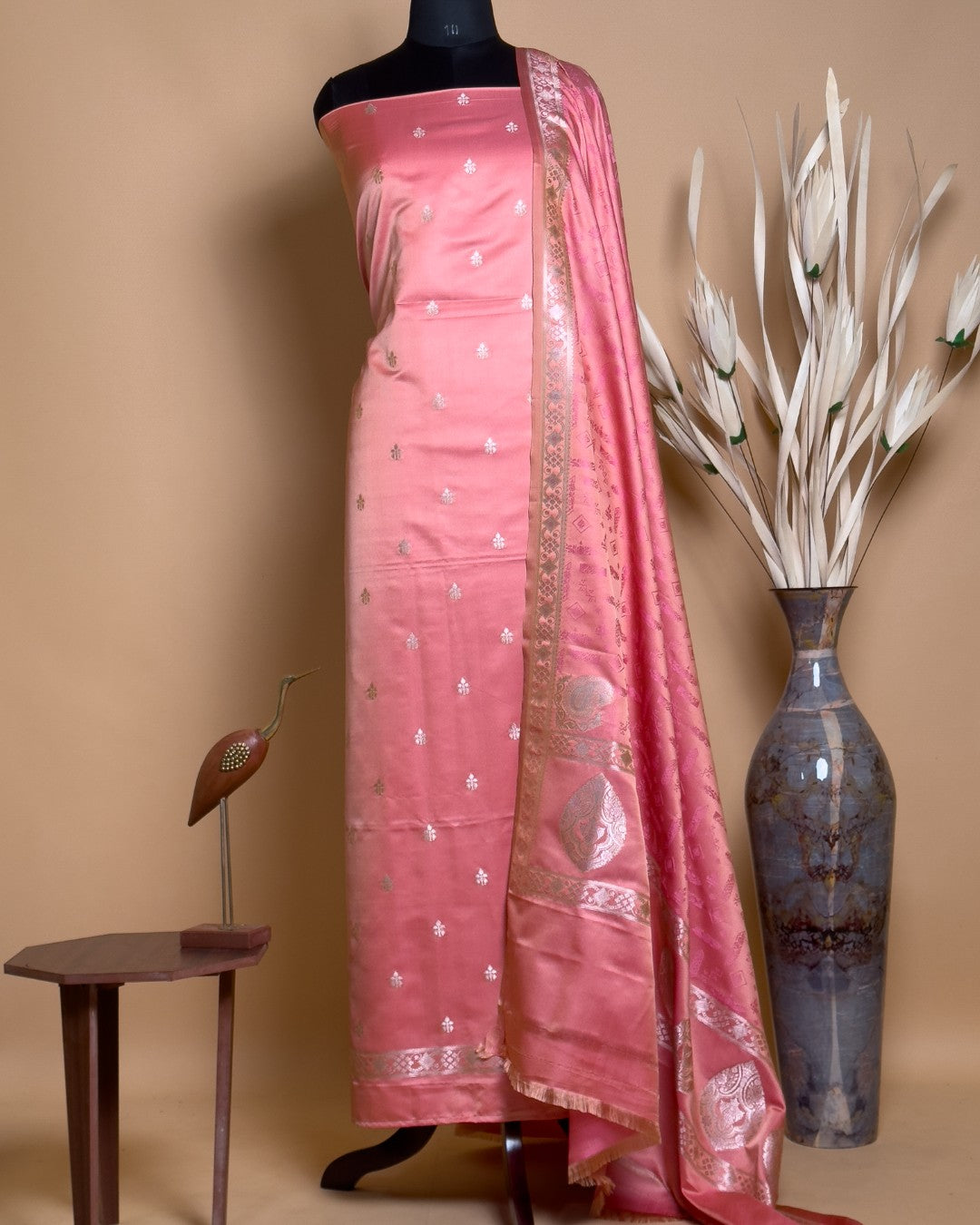 Small Butti Weaved Suit Fabric With Resham Tanchui Dupatta And Bottom -Peach