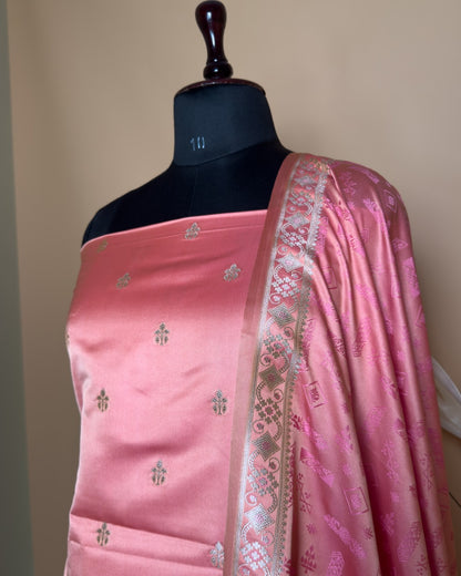 Small Butti Weaved Suit Fabric With Resham Tanchui Dupatta And Bottom -Peach