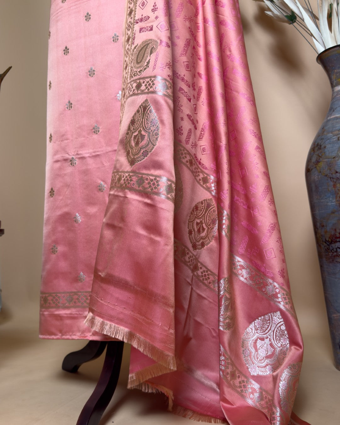 Small Butti Weaved Suit Fabric With Resham Tanchui Dupatta And Bottom -Peach