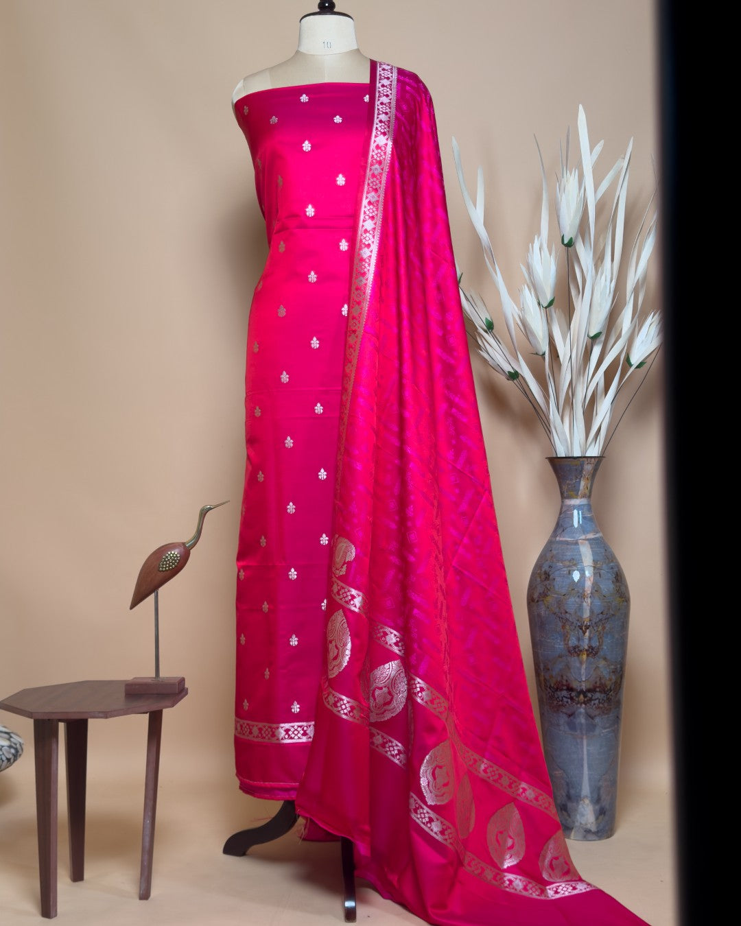 Small Butti Weaved Suit Fabric With Resham Tanchui Dupatta And Bottom - Rani