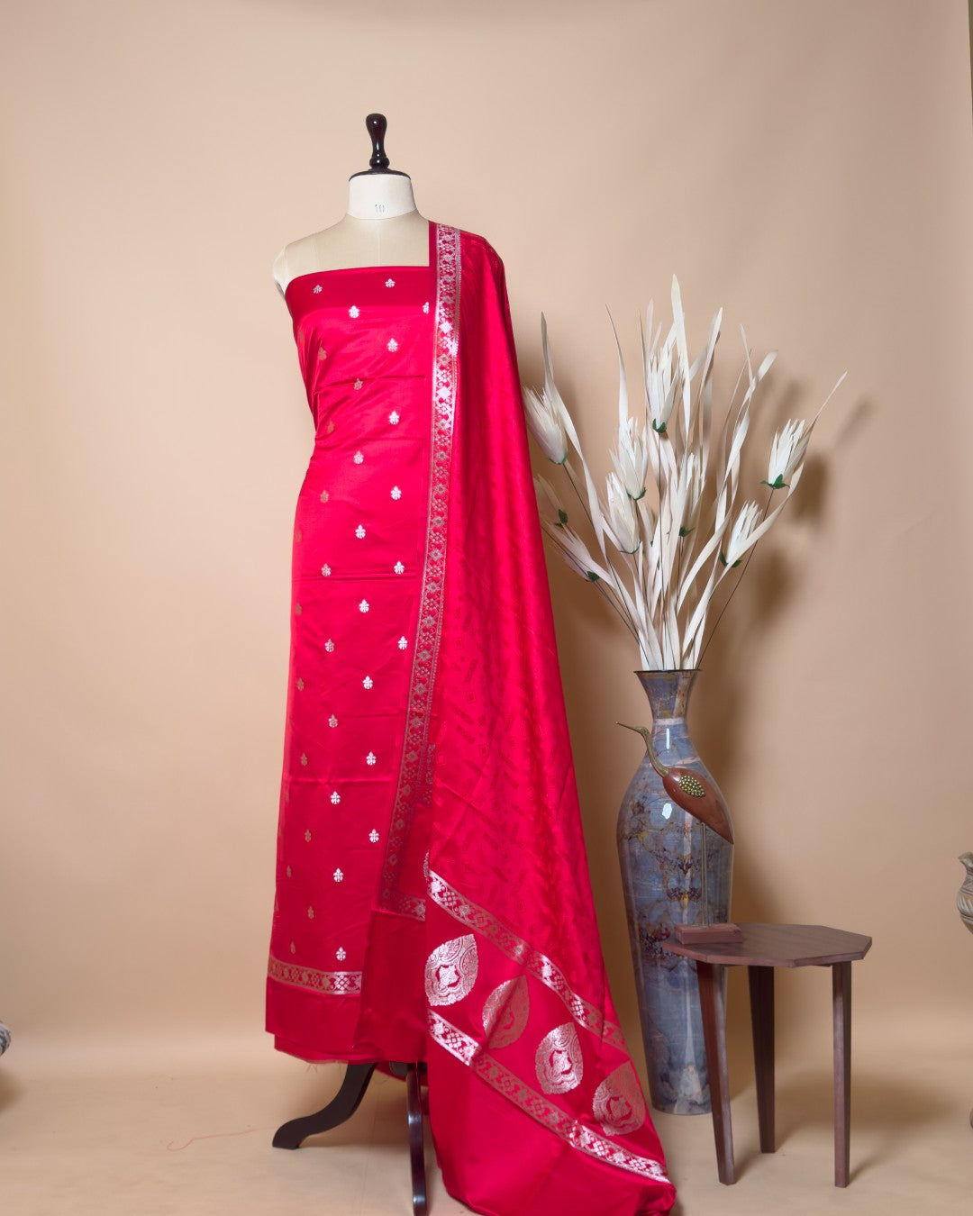 Small Butti Weaved Suit Fabric With Resham Tanchui Dupatta And Bottom - Rani