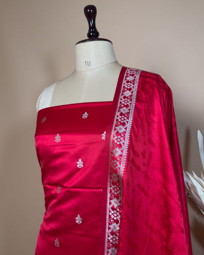 Small Butti Weaved Suit Fabric With Resham Tanchui Dupatta And Bottom - Red
