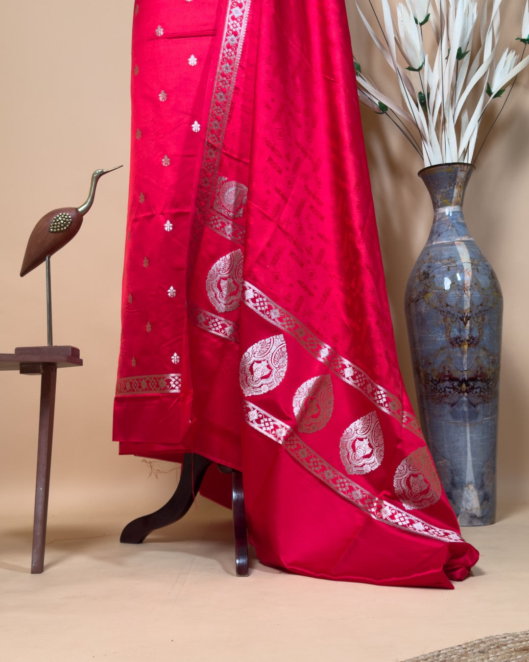 Small Butti Weaved Suit Fabric With Resham Tanchui Dupatta And Bottom - Red