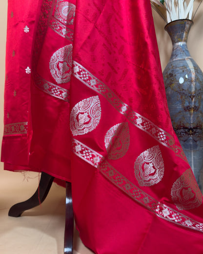 Small Butti Weaved Suit Fabric With Resham Tanchui Dupatta And Bottom - Red