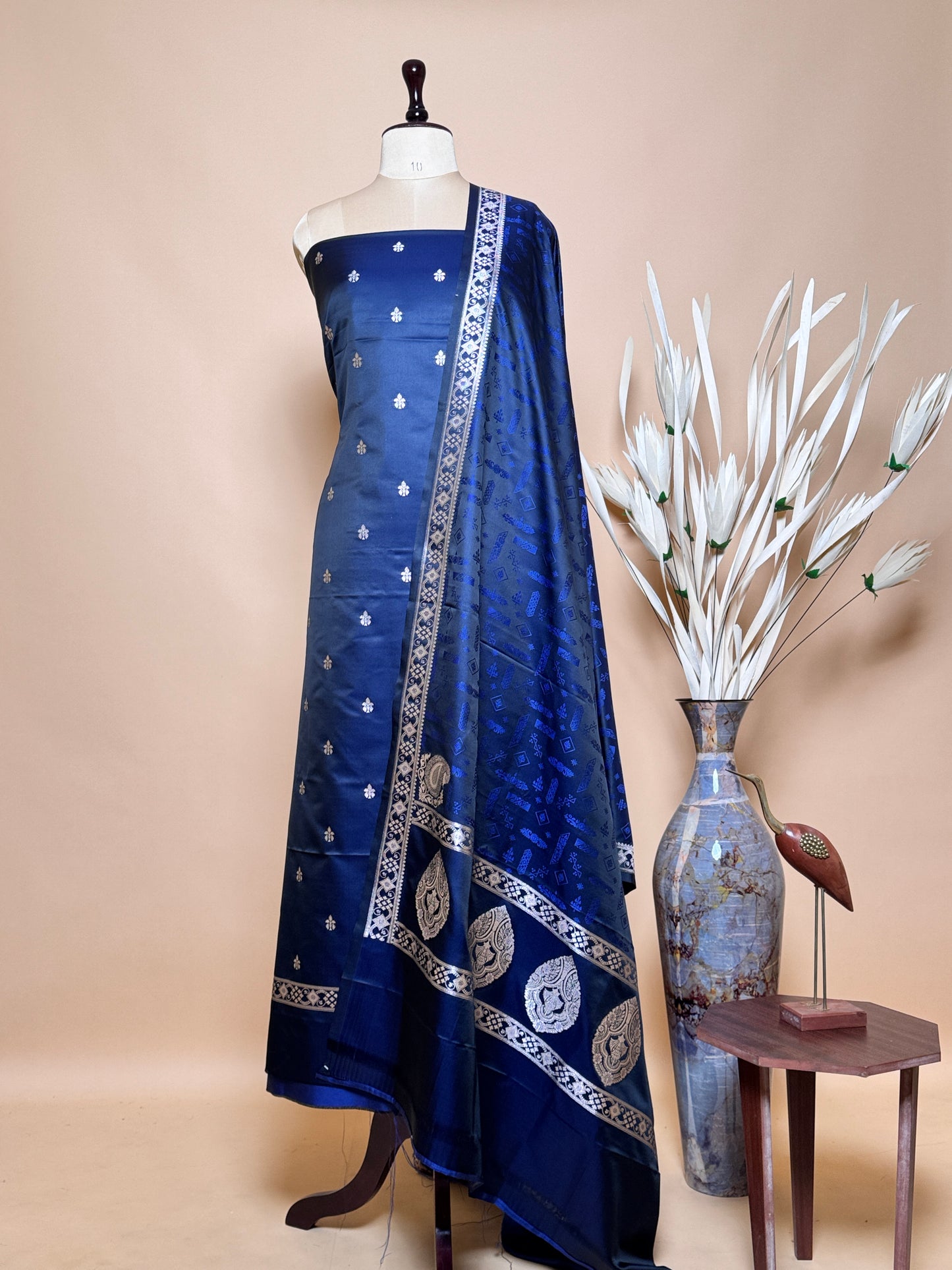 Small Butti Weaved Suit Fabric With Resham Tanchui Dupatta And Bottom - Blue
