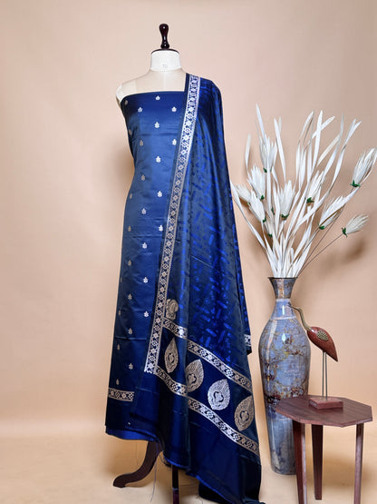 Small Butti Weaved Suit Fabric With Resham Tanchui Dupatta And Bottom - Blue