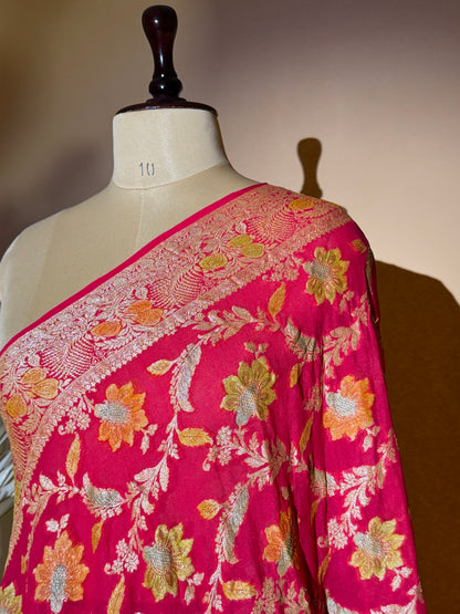 Traditional Banarasi Jaal Weaving With Hand Brush In Pure Khaddi Chiffon Saree - Peach
