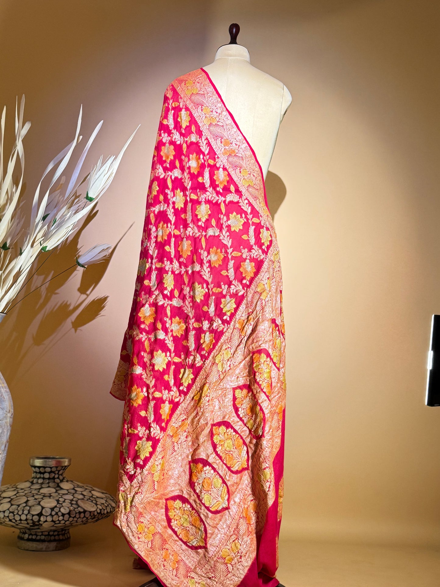 Traditional Banarasi Jaal Weaving With Hand Brush In Pure Khaddi Chiffon Saree - Peach
