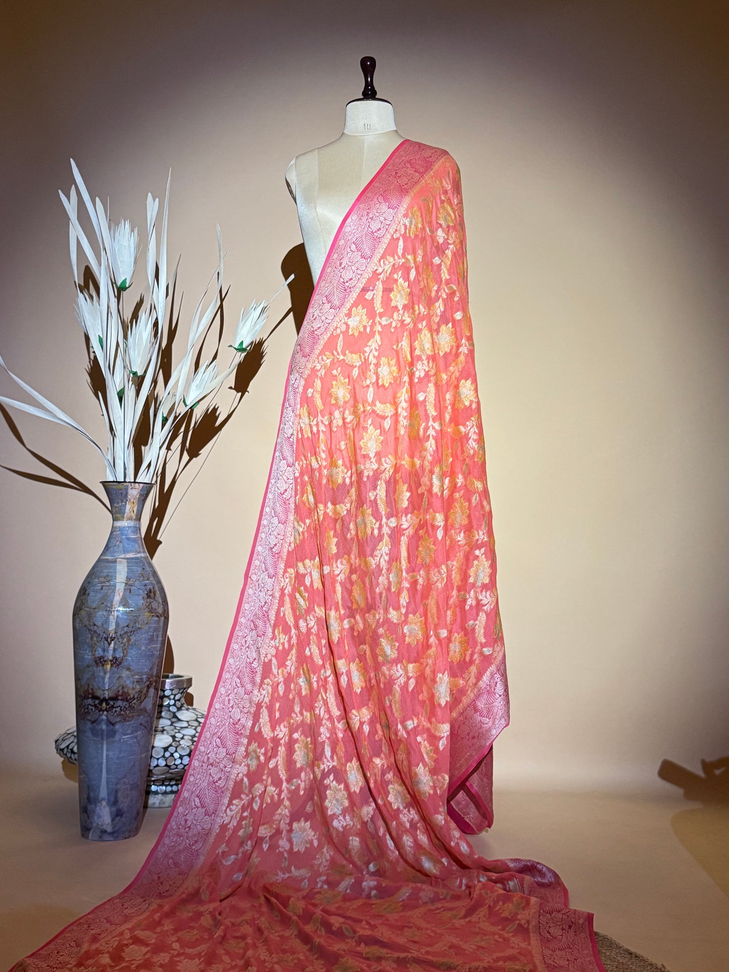 Traditional Banarasi Jaal Weaving With Hand Brush In Pure Khaddi Chiffon Saree - Peach