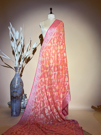 Traditional Banarasi Jaal Weaving With Hand Brush In Pure Khaddi Chiffon Saree - Peach