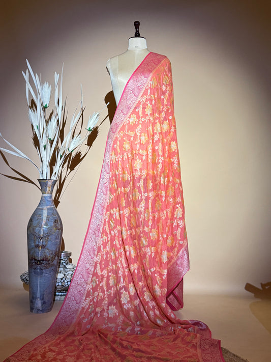 Traditional Banarasi Jaal Weaving With Hand Brush In Pure Khaddi Chiffon Saree - Peach