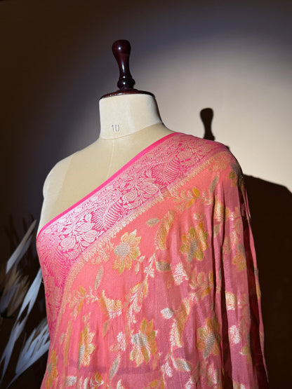 Traditional Banarasi Jaal Weaving With Hand Brush In Pure Khaddi Chiffon Saree - Peach