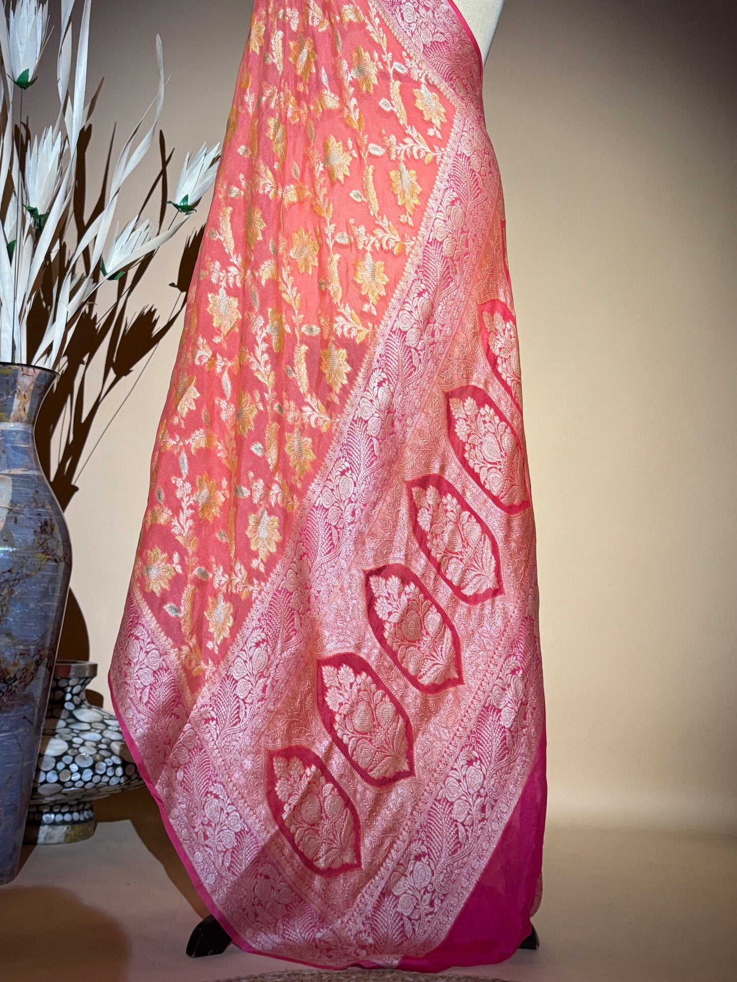 Traditional Banarasi Jaal Weaving With Hand Brush In Pure Khaddi Chiffon Saree - Peach