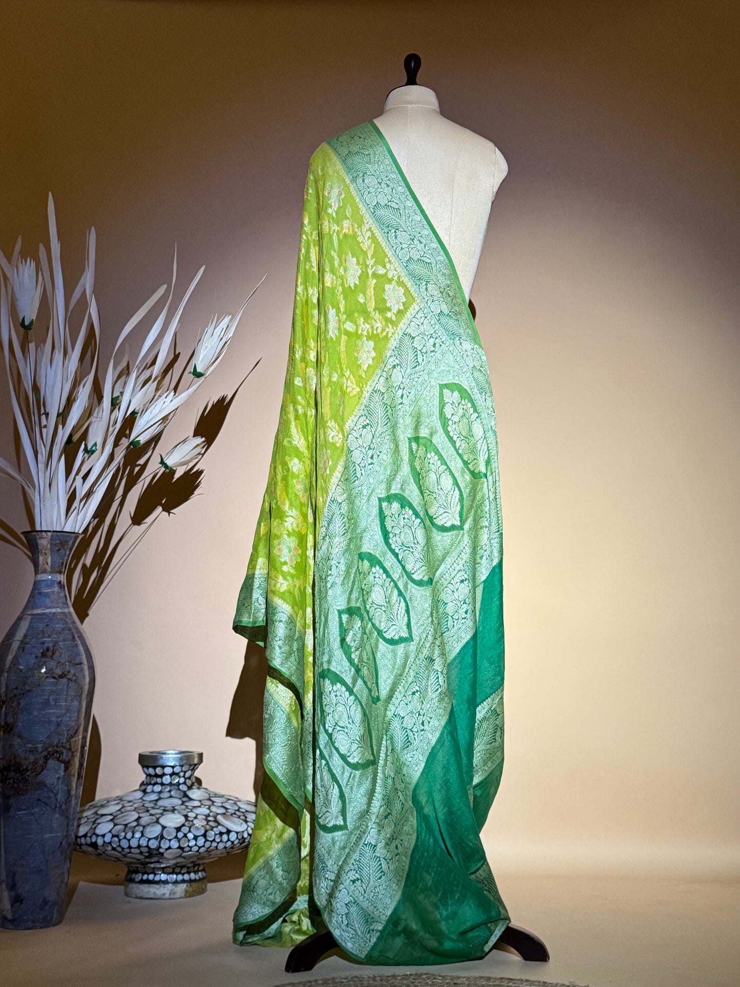Traditional Banarasi Jaal Weaving With Hand Brush In Pure Khaddi Chiffon Saree - Green