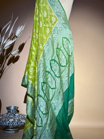 Traditional Banarasi Jaal Weaving With Hand Brush In Pure Khaddi Chiffon Saree - Green