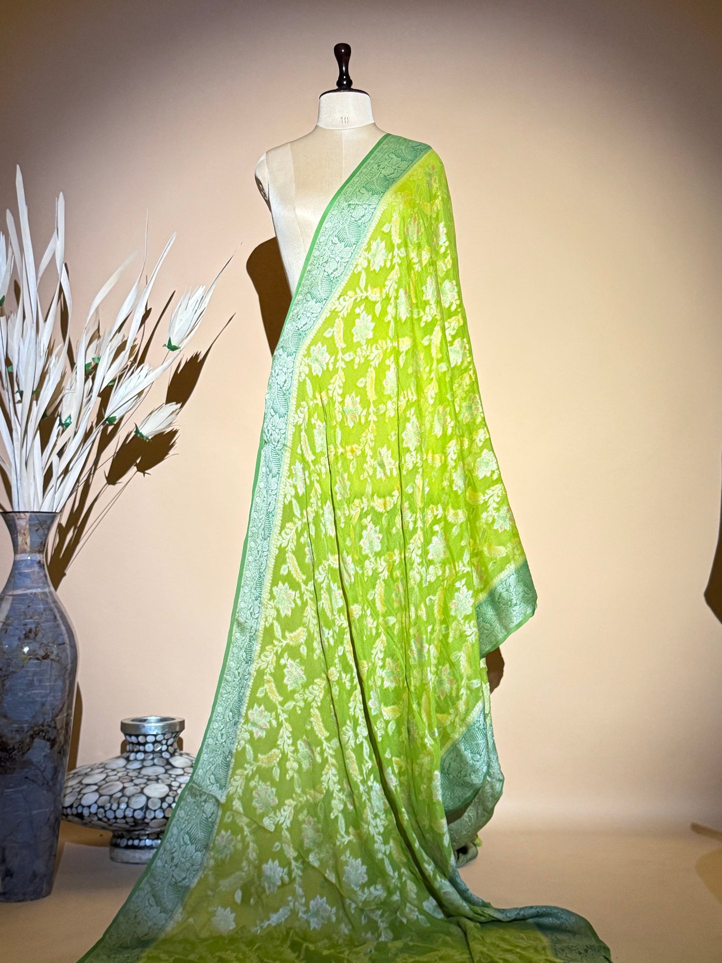 Traditional Banarasi Jaal Weaving With Hand Brush In Pure Khaddi Chiffon Saree - Green