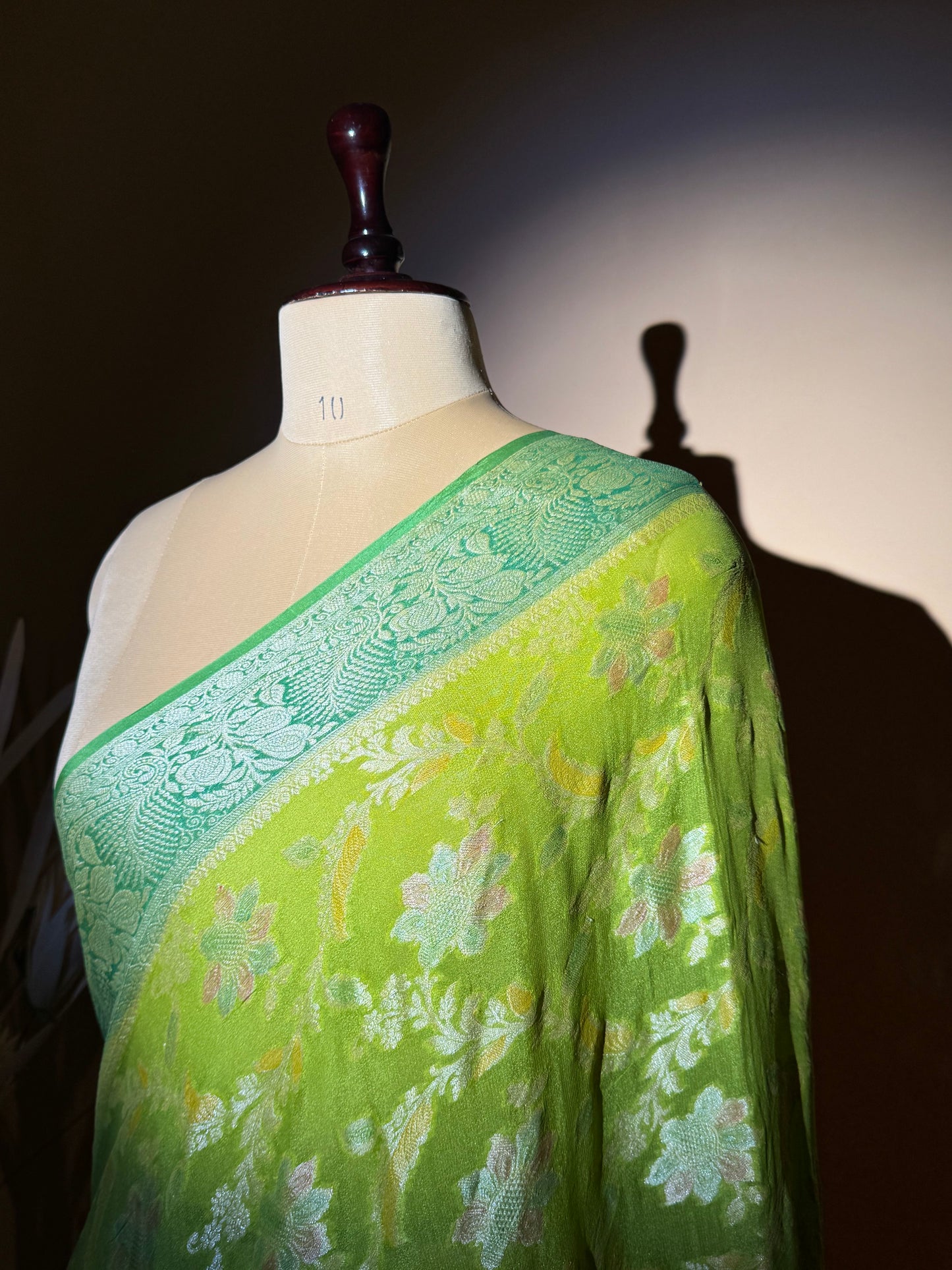 Traditional Banarasi Jaal Weaving With Hand Brush In Pure Khaddi Chiffon Saree - Green