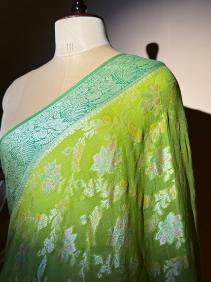 Traditional Banarasi Jaal Weaving With Hand Brush In Pure Khaddi Chiffon Saree - Green