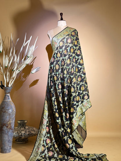 Traditional Banarasi Jaal Weaving With Hand Brush In Pure Khaddi Chiffon Saree - Black