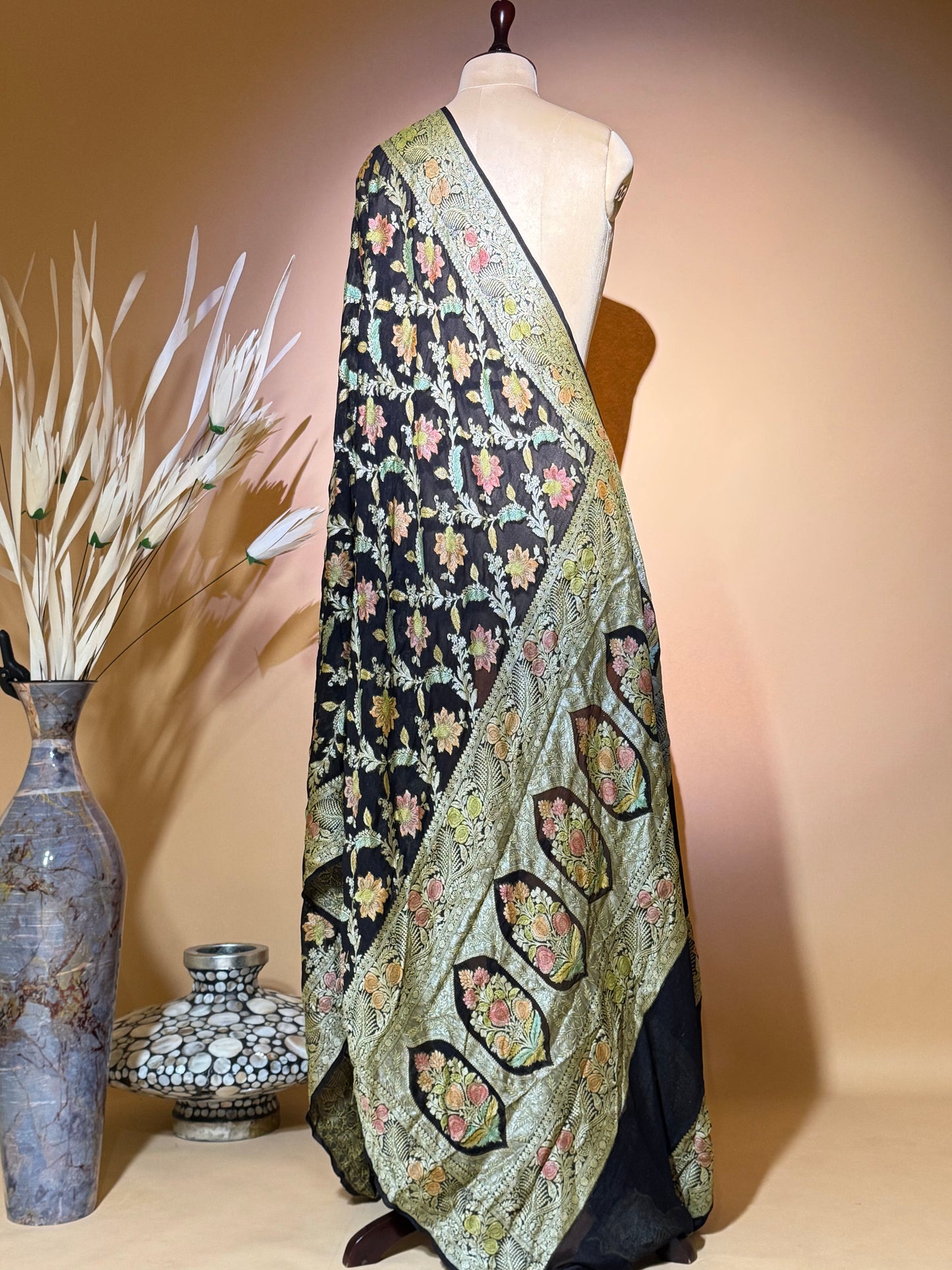 Traditional Banarasi Jaal Weaving With Hand Brush In Pure Khaddi Chiffon Saree - Black