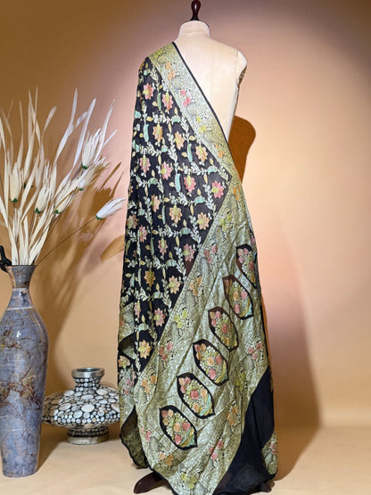 Traditional Banarasi Jaal Weaving With Hand Brush In Pure Khaddi Chiffon Saree - Black