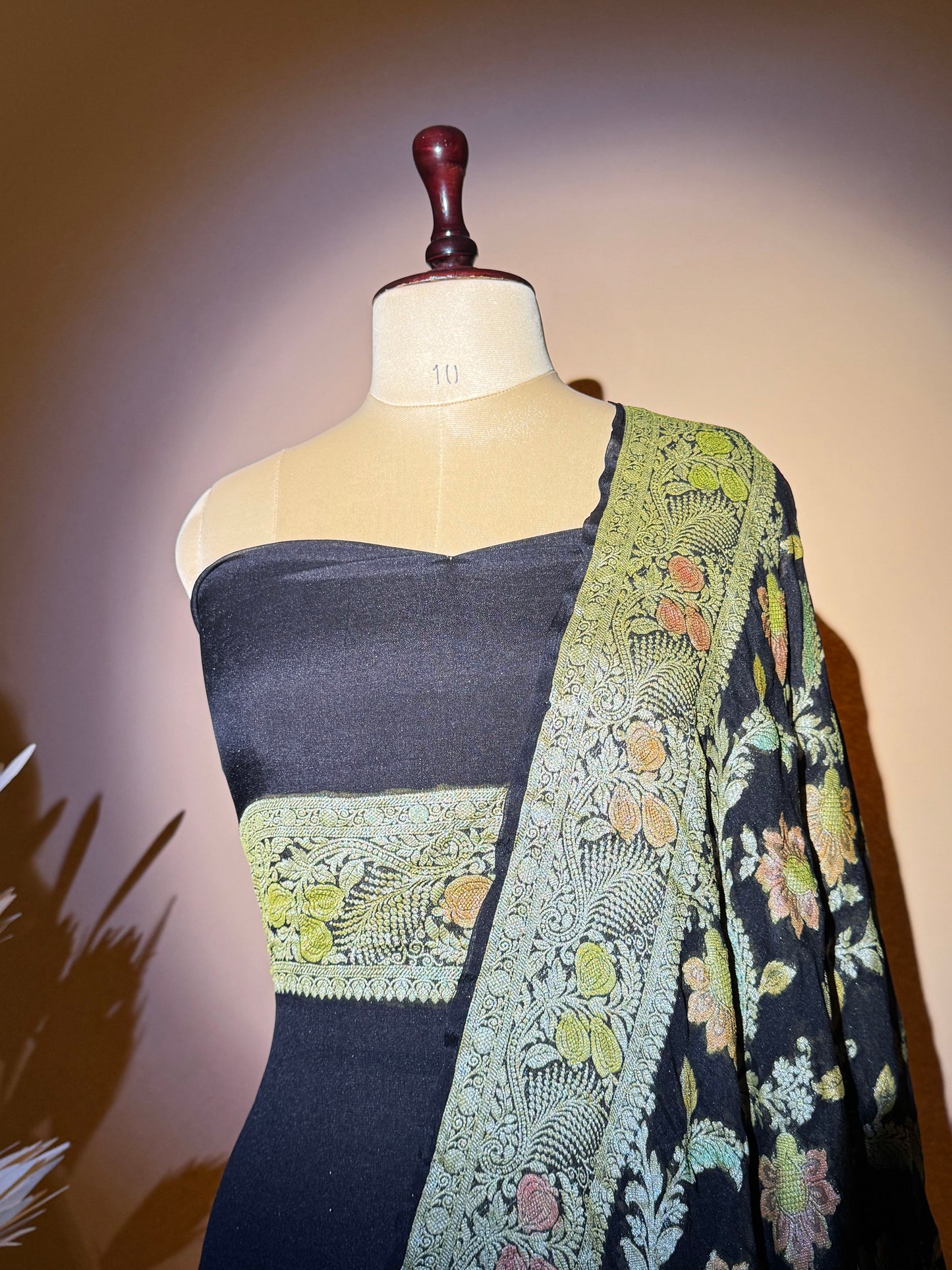 Traditional Banarasi Jaal Weaving With Hand Brush In Pure Khaddi Chiffon Saree - Black
