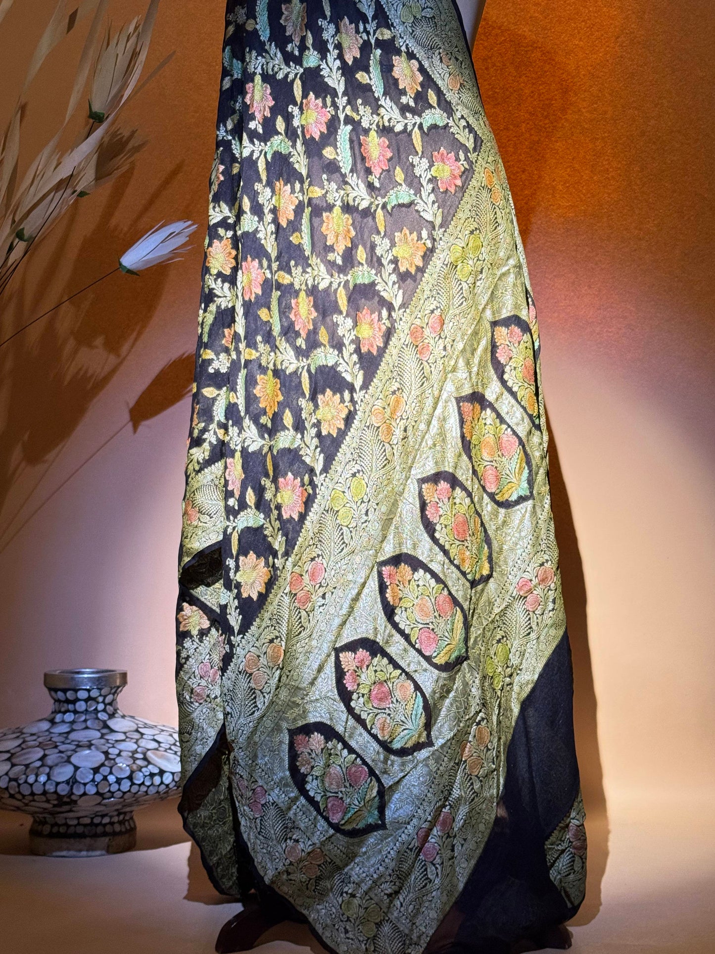 Traditional Banarasi Jaal Weaving With Hand Brush In Pure Khaddi Chiffon Saree - Black